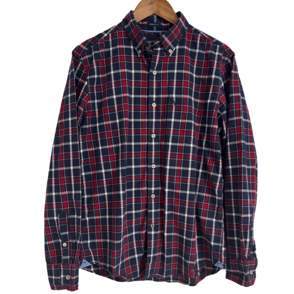 American Eagle Shirt Men’s Medium Red Blue Plaid Long Sleeve Button Down